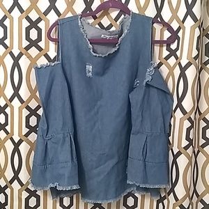 Denim cold shoulder fringed top